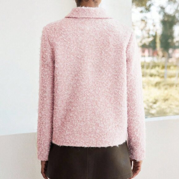 Pink Casual Women's Floral Jacquard Knit Long Sleeve Cardigan - Picture 2 of 7